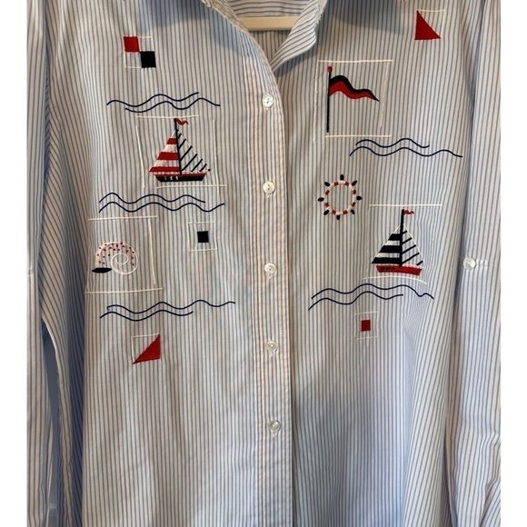 Alia Sport Nautical Boats & Stripes Vintage Button Down Blouse - Size Medium - Picture 3 of 9